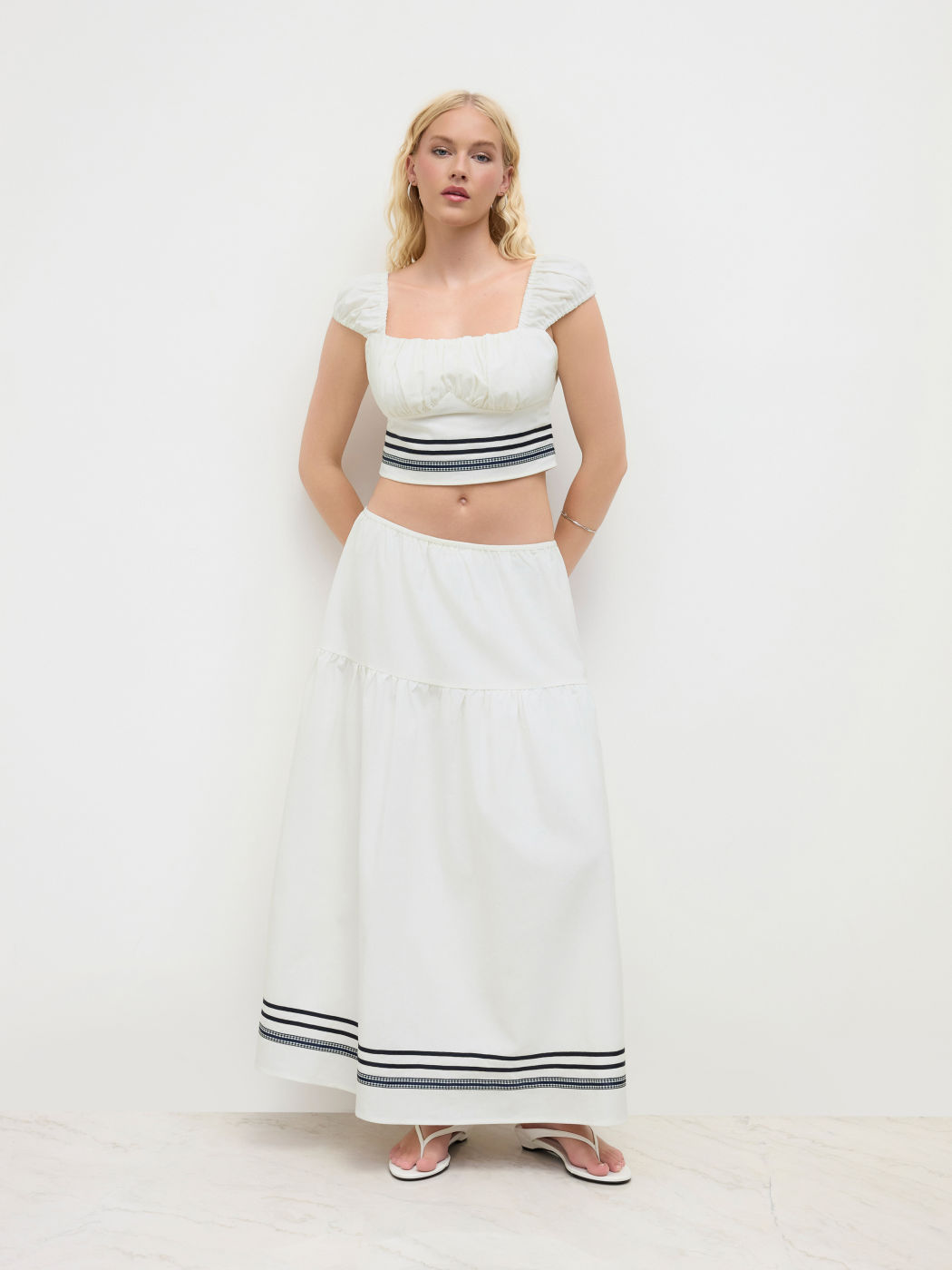 Leinen-Mischung Mittelhöhe Streifen Maxi-Skirt