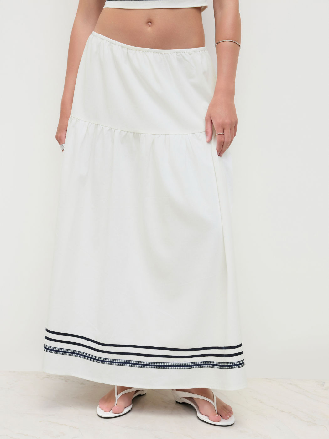 Leinen-Mischung Mittelhöhe Streifen Maxi-Skirt