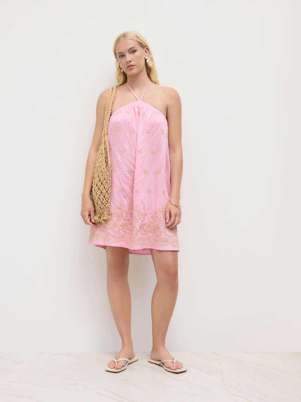 Tejido Vestido Mini con Bordado y Nudo en Cuello Halter For Vacaciones