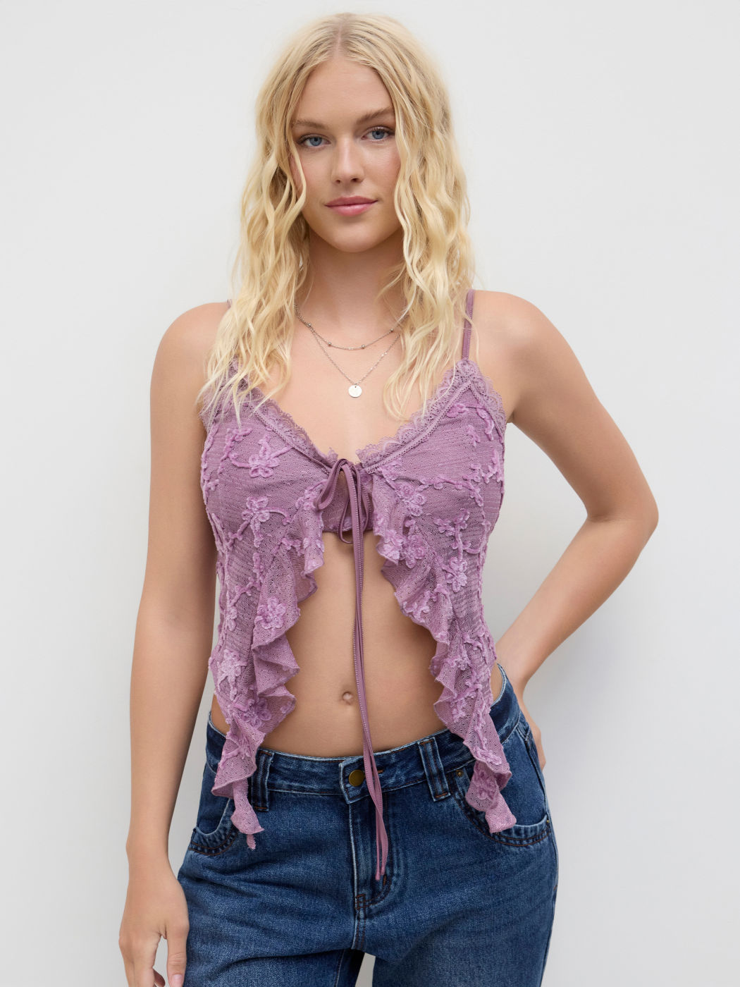 V-neck Lace Trim Ruffle Hem Tie Front Cami Top