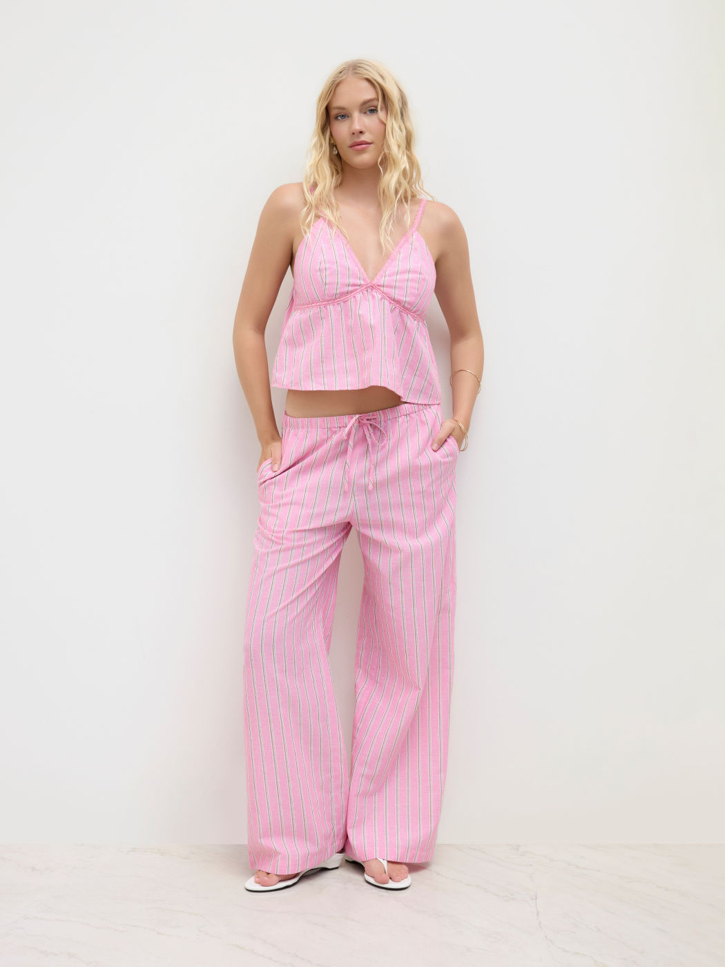 Linen-blend V-neck Stripe Cami Top & Knotted Straight Leg Trousers Set