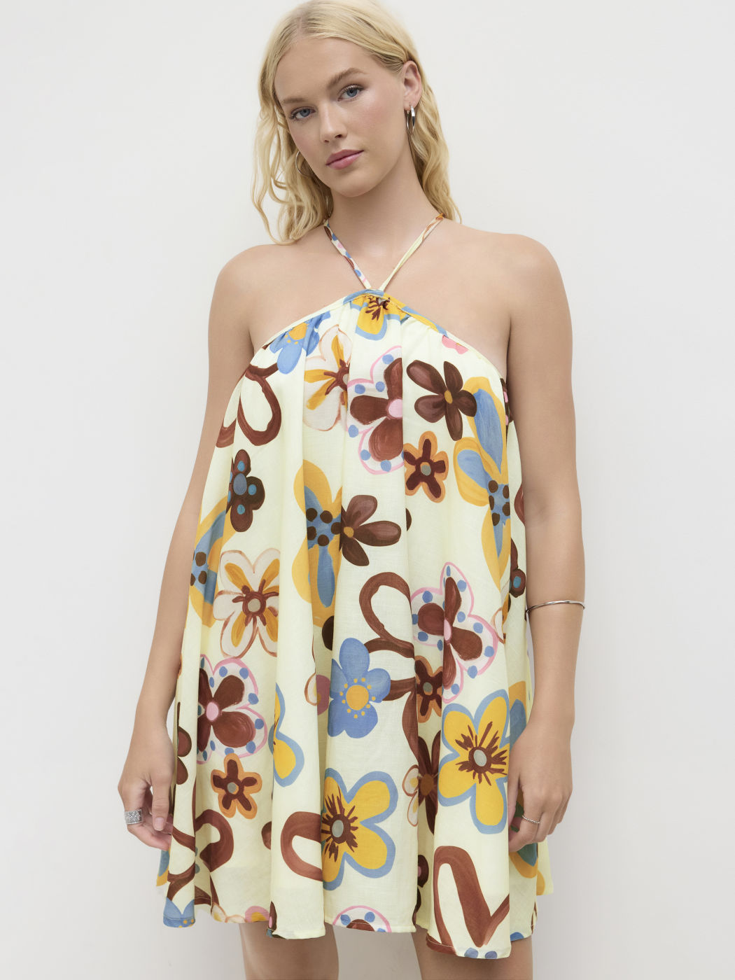 Halter Neckline Floral Criss Cross Oversized Mini Dress