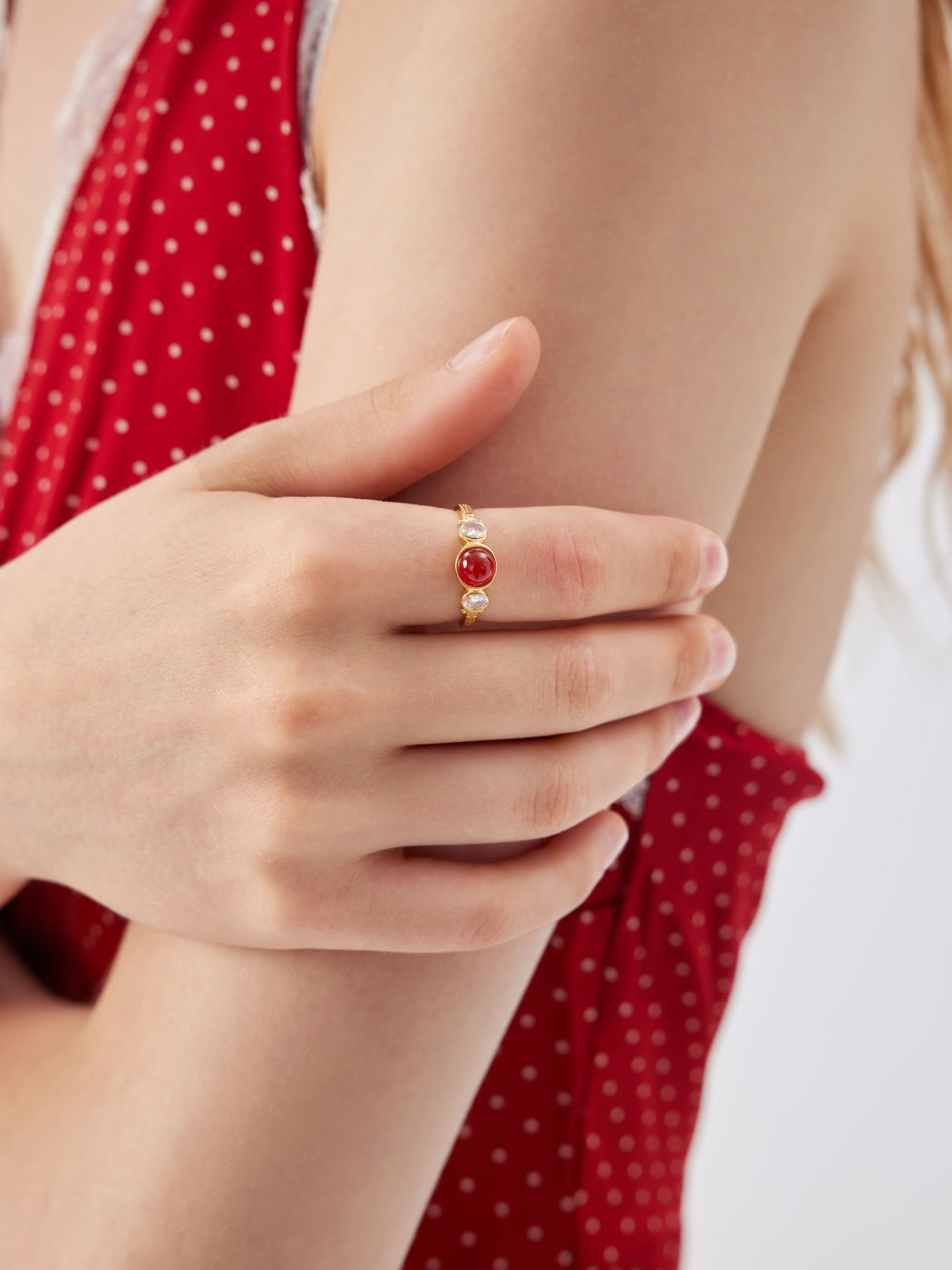 GEMSTONE & RHINESTONE 18K GOLD PLATED STAINLESS STEEL OPEN RING
