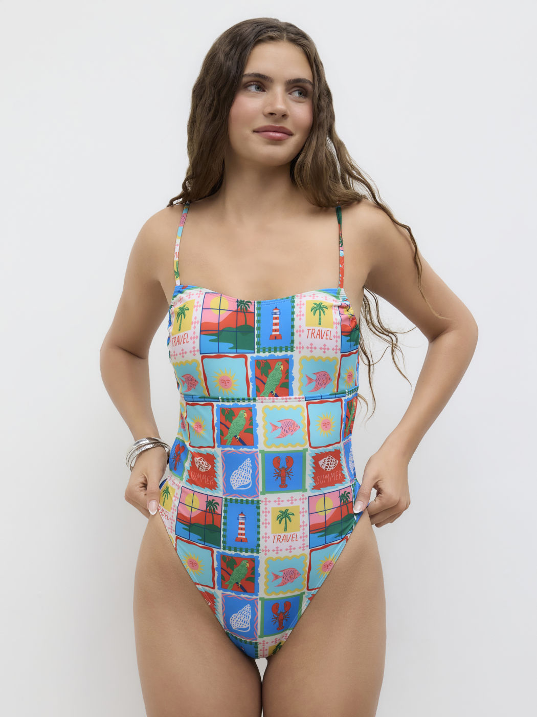 Summer Travel Shaping U-neckline Sun & Fish Knotted One Piece Swimsuit