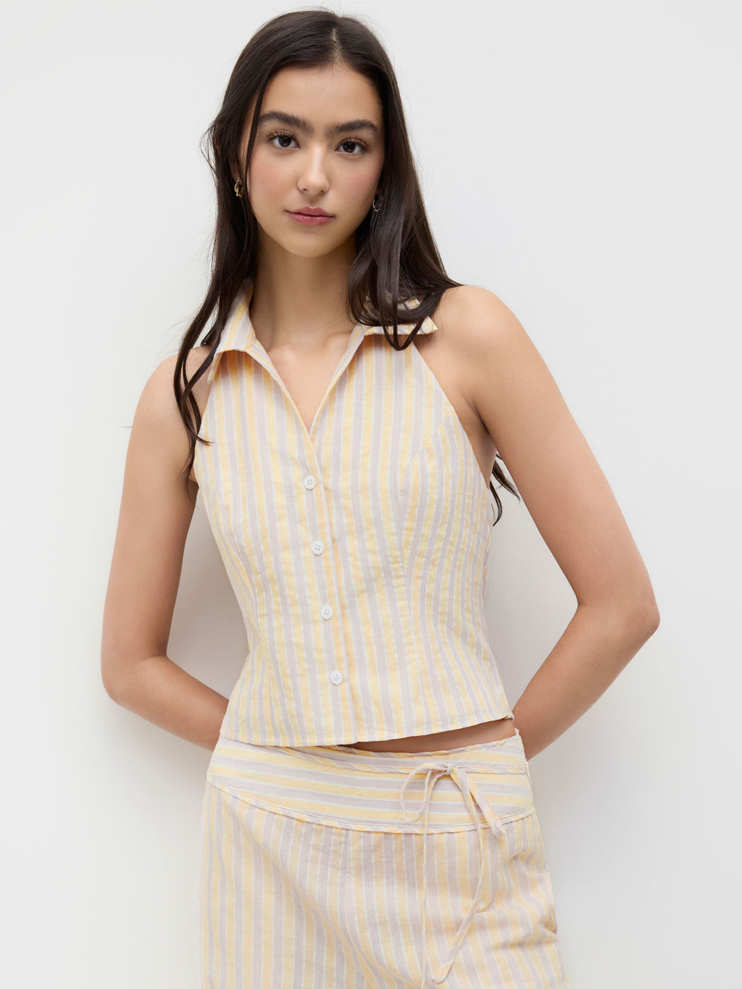 Streifen-Tank-Top aus Leinen-Mischung mit Poloshirt-Halter