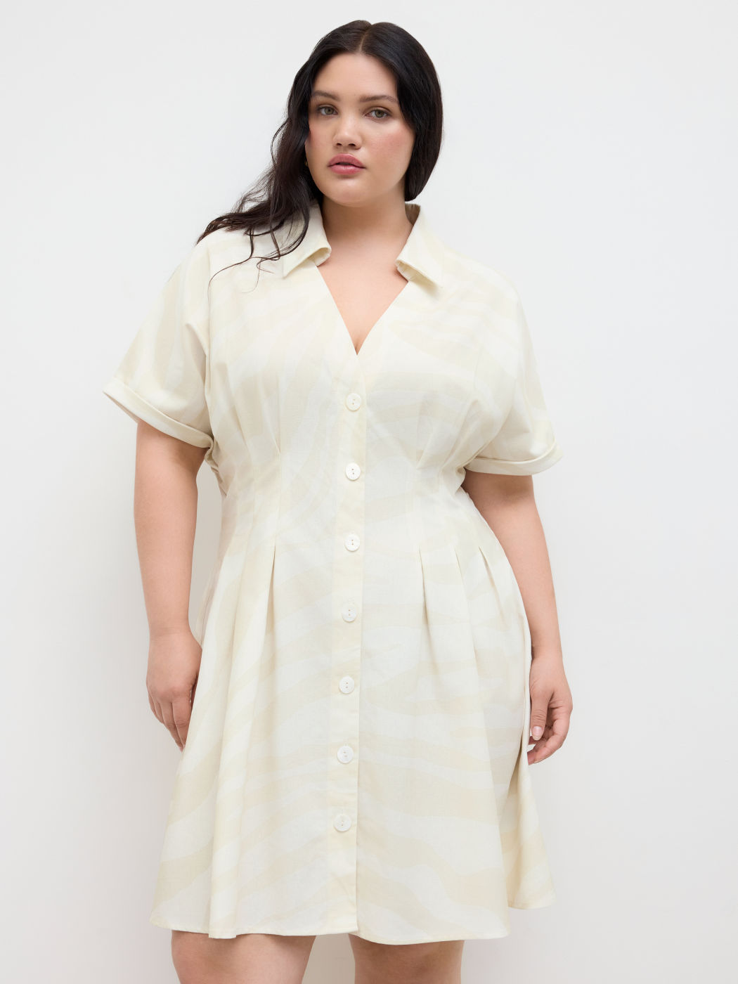 Linen-blend Collar Zebra Stripe Button Through Cinched Waist Mini Dress Curve & Plus