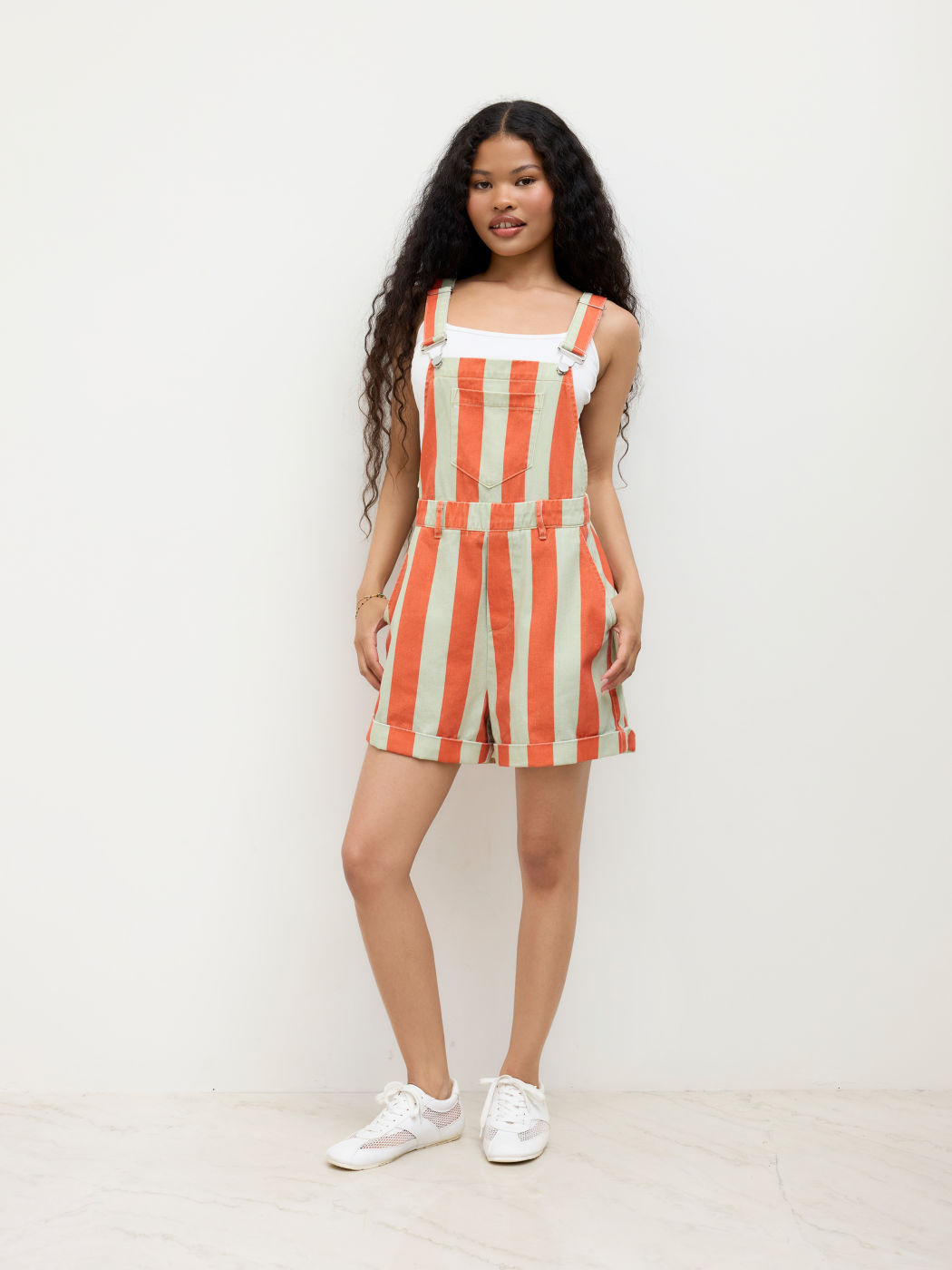 Denim Stripe Pocket Roll Hem Romper