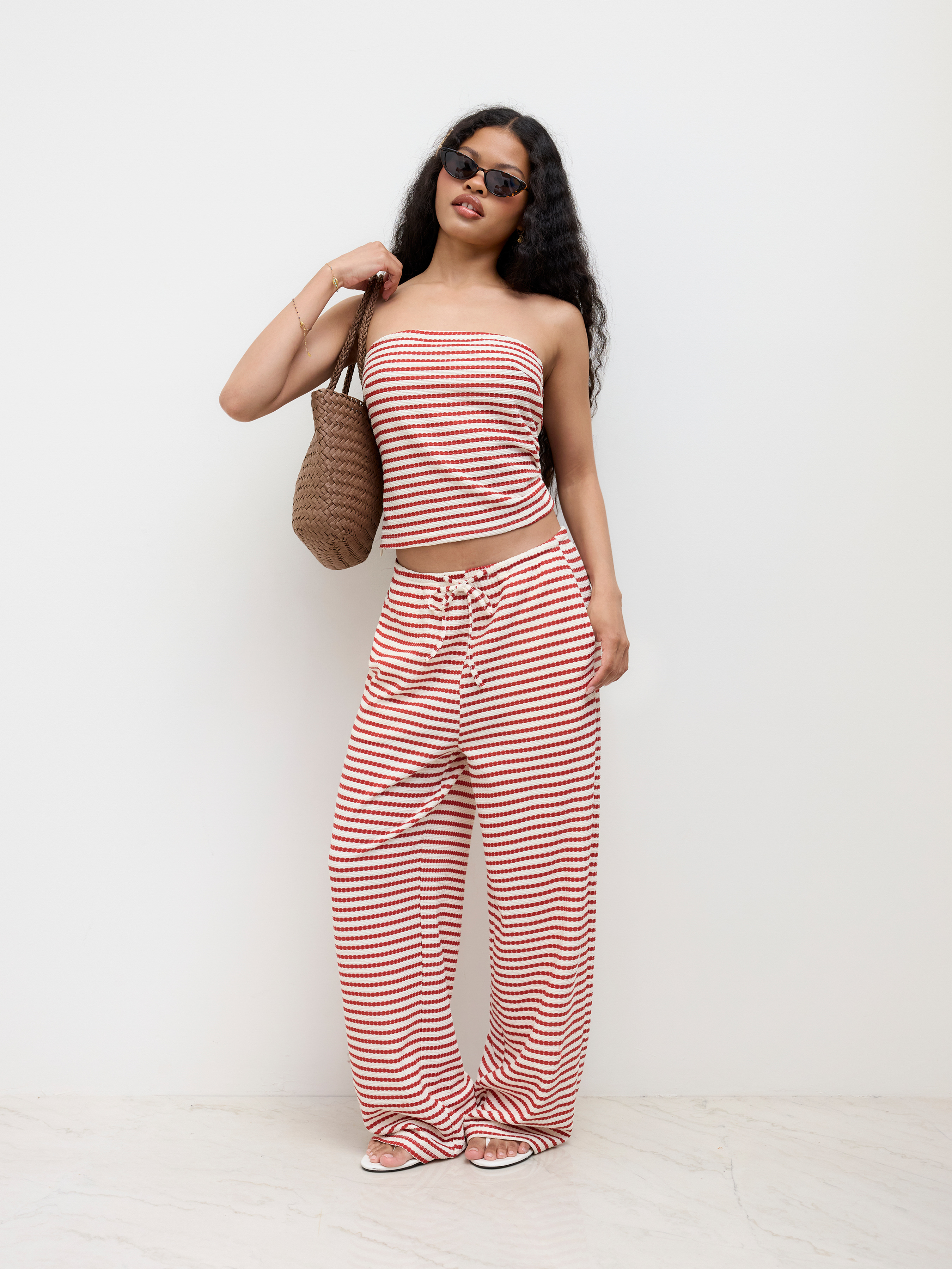 Knit Fabric Stripe Ruched Asymmetrical Hem Crop Bandeau Top & Mid Rise Knotted Wide Leg Trousers Set For Daily Casual
