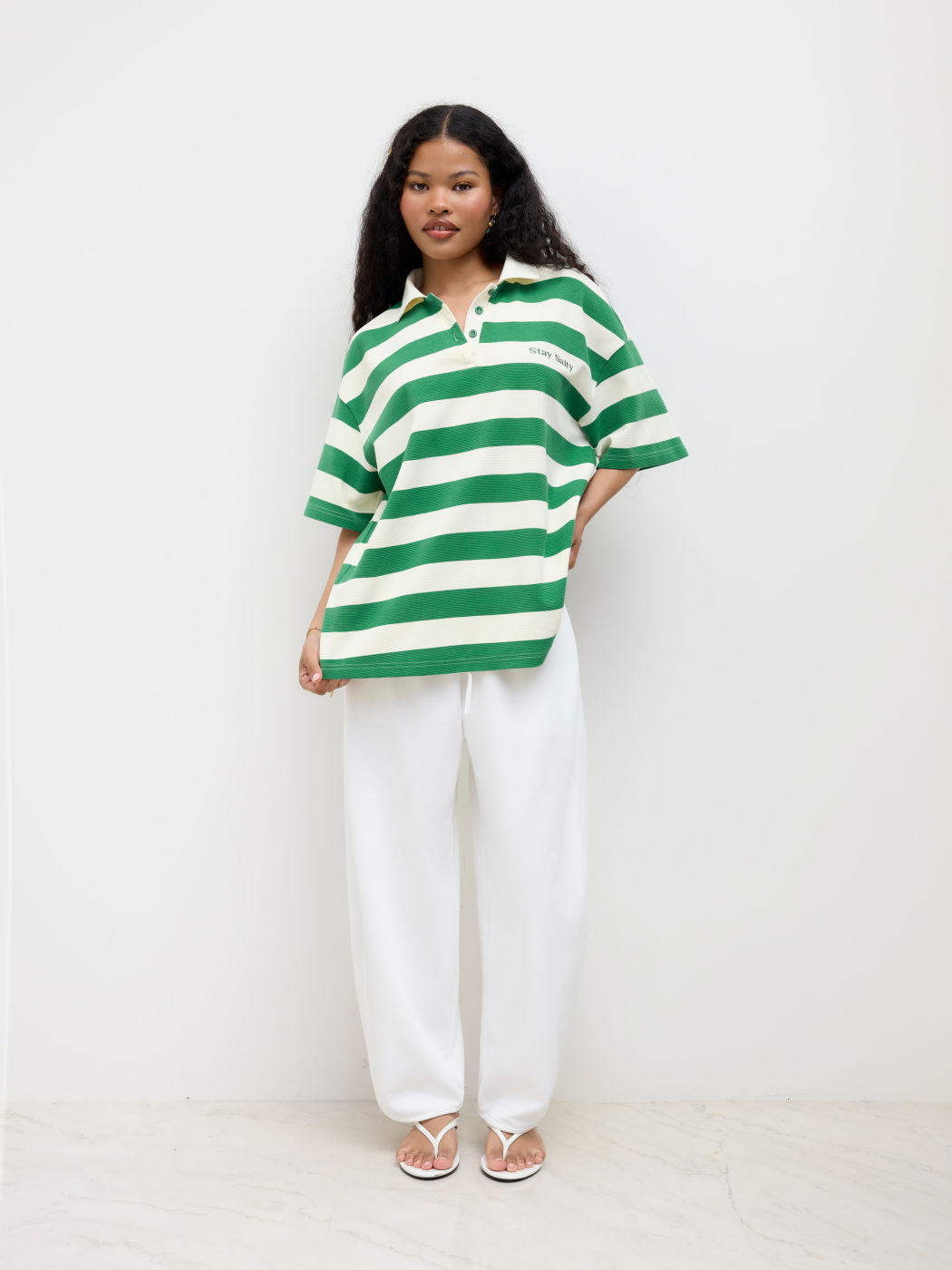 Cotton-blend Polo Collar Stripe Stay Salty Embroidery Oversized Tee