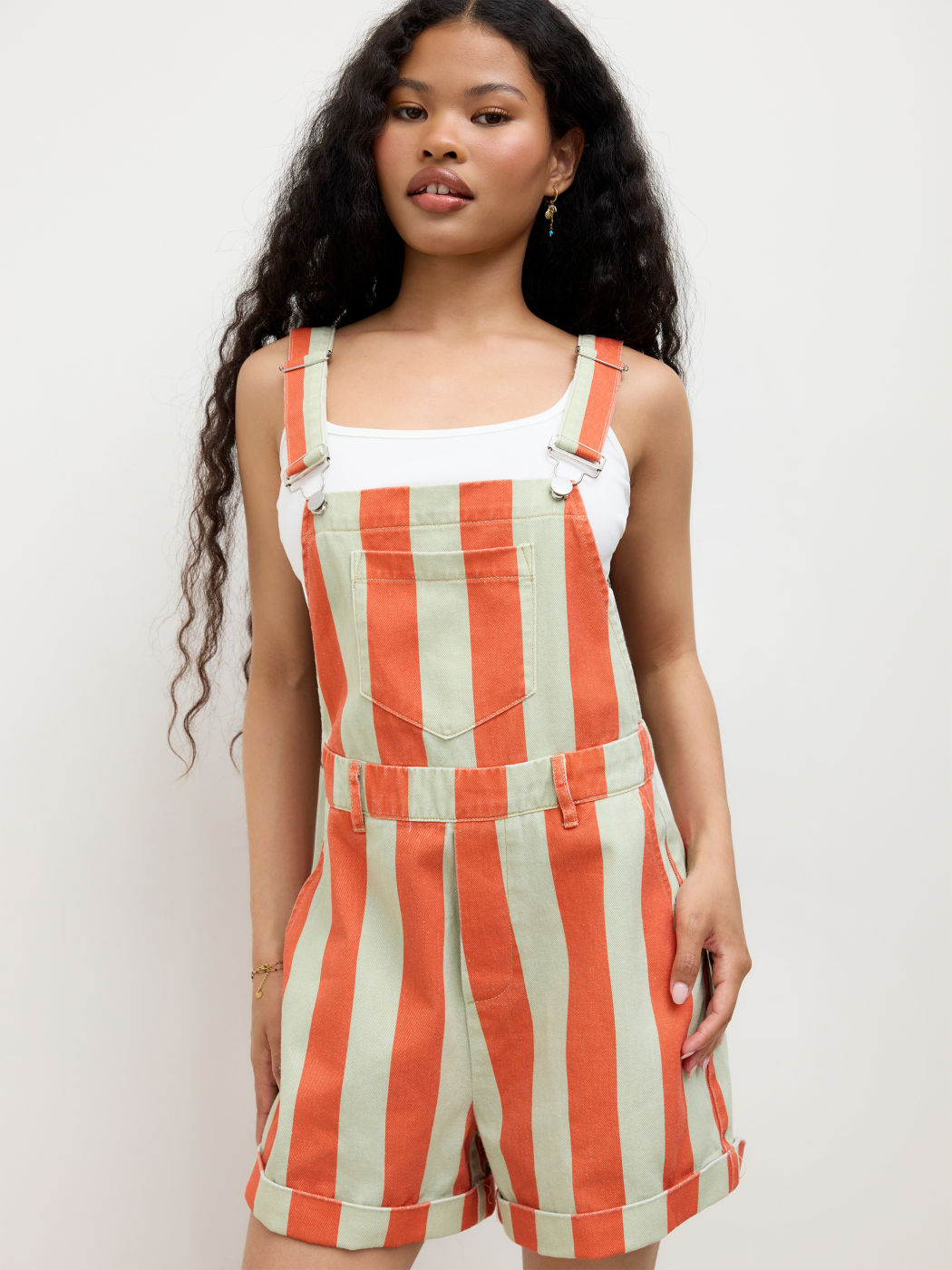 Denim Stripe Pocket Roll Hem Romper
