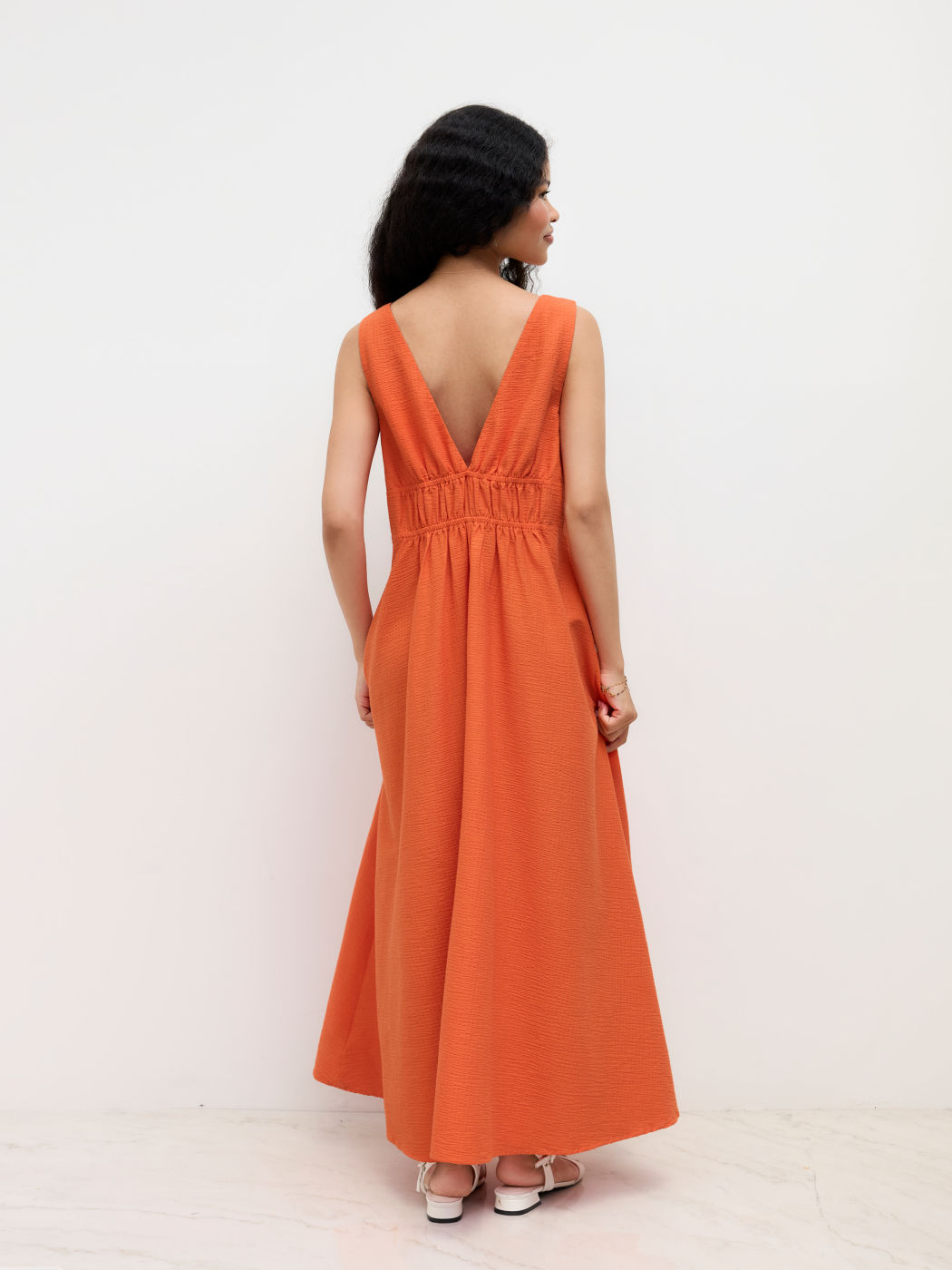 Cotton-blend V-neck Beaded Shirred Ruffle Maxi Dress