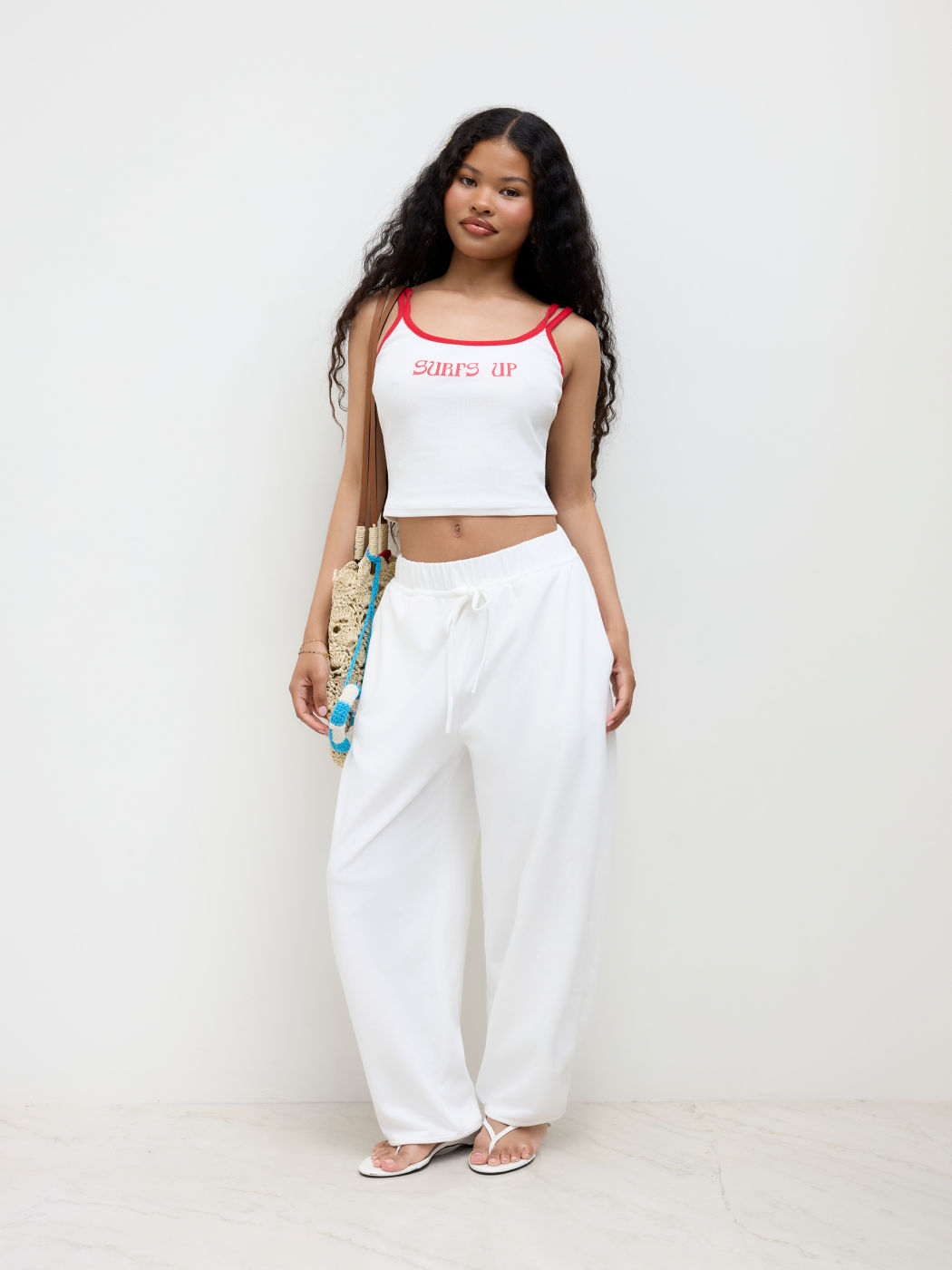 Surfs Up Cotton-blend Graphic Contrasting Binding Cami Crop Top