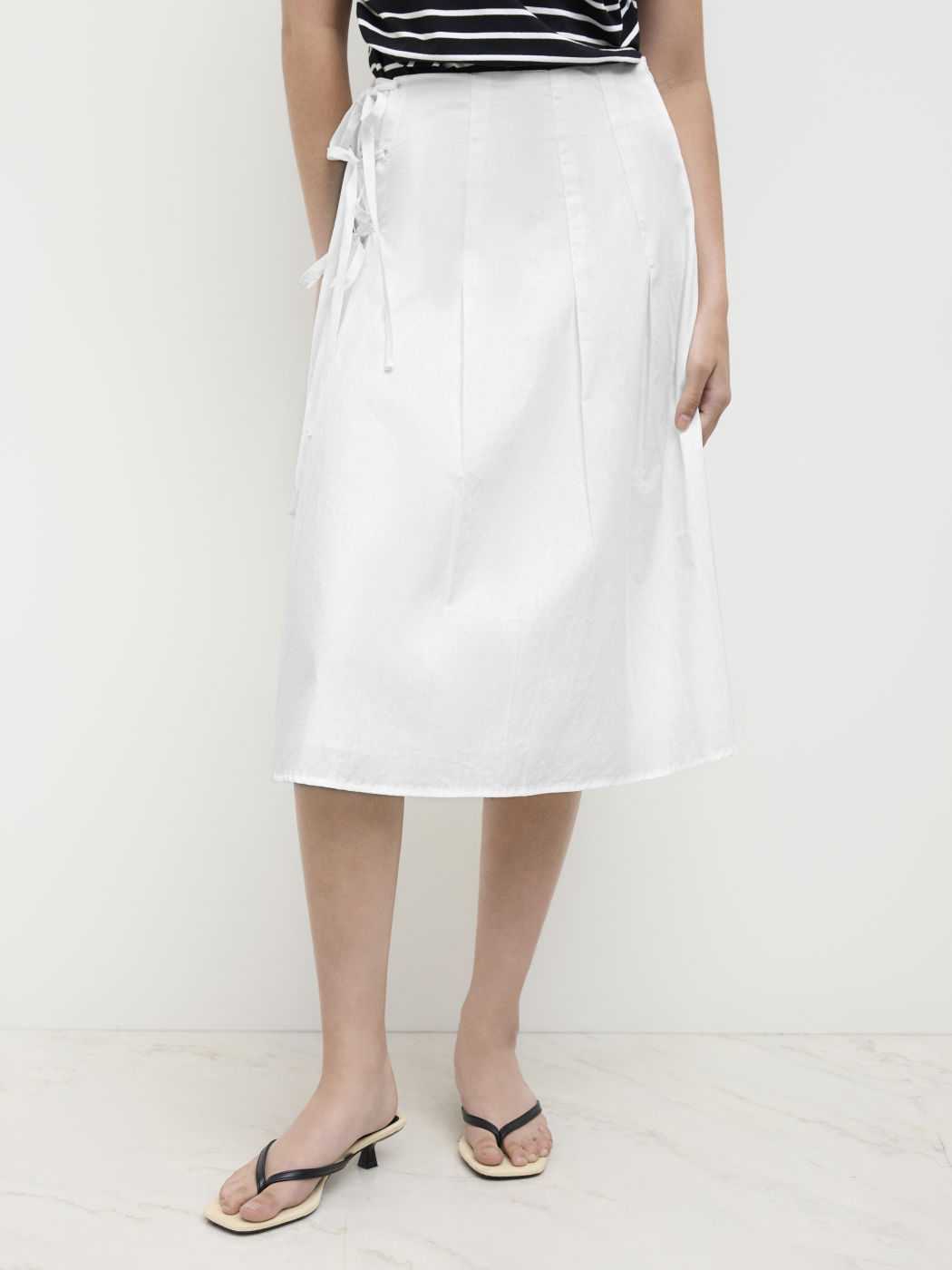 Cotton Low Rise Tie Side Knotted Pleated Midi Skirt