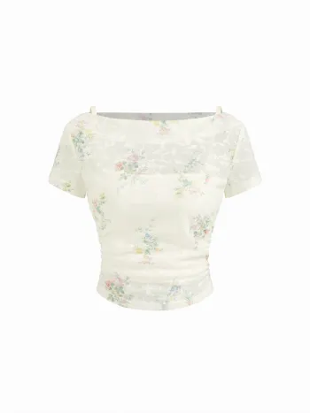 Zwei - Stück - Set: Spitzen - Bootshals - Blume - Rüschen - Oberteil & Einfarbiges Camisole - Oberteil