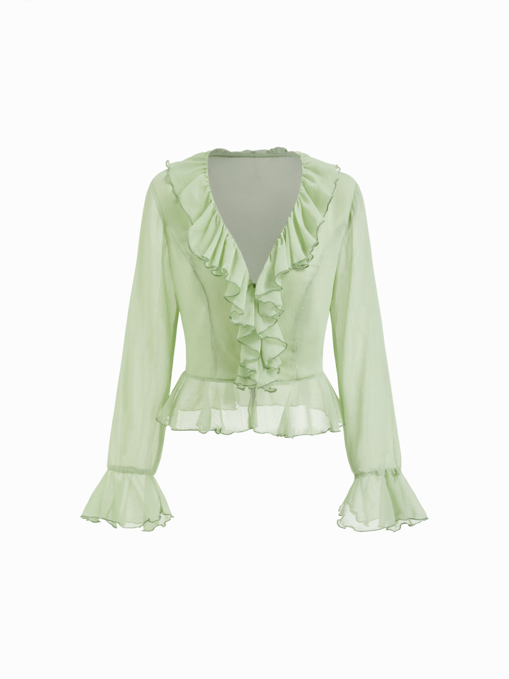 Camicetta in chiffon con scollo a V, volant e maniche a lanterna