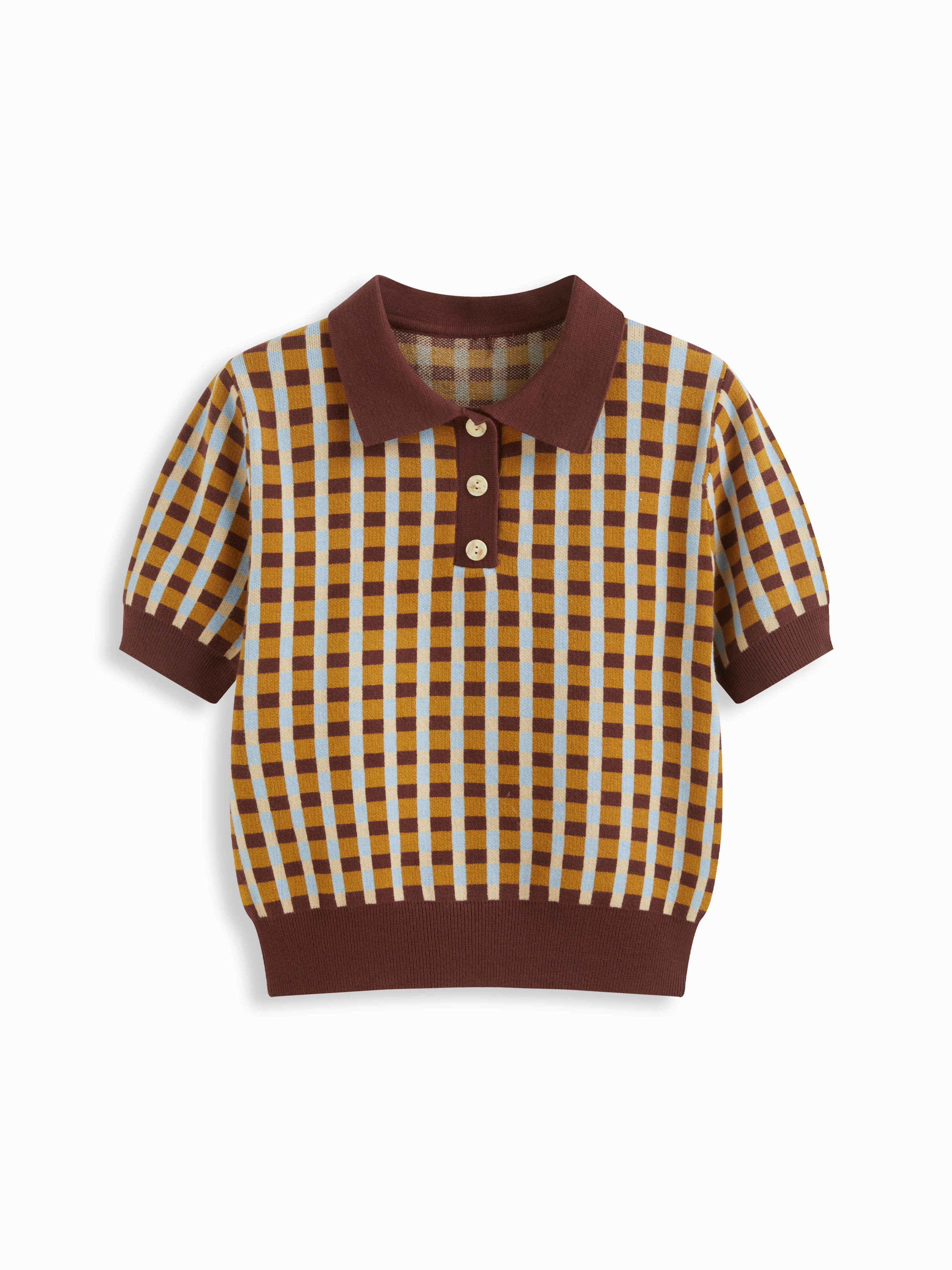 Knit Fabric Knit Polo Check Short Sleeve Top For School