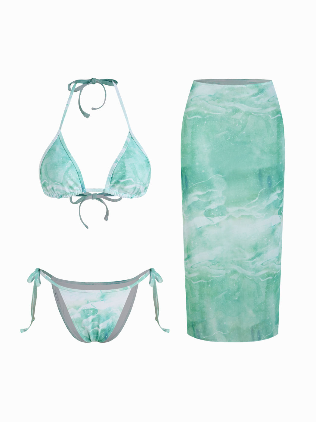 V-neck Halter Abstract Tie Side Bikini Set With Beach Skirt