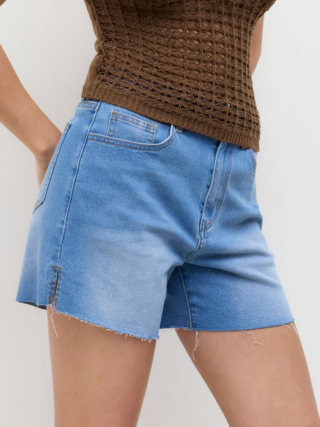 Stretch Denim Mid Rise Raw Hem Split Shorts