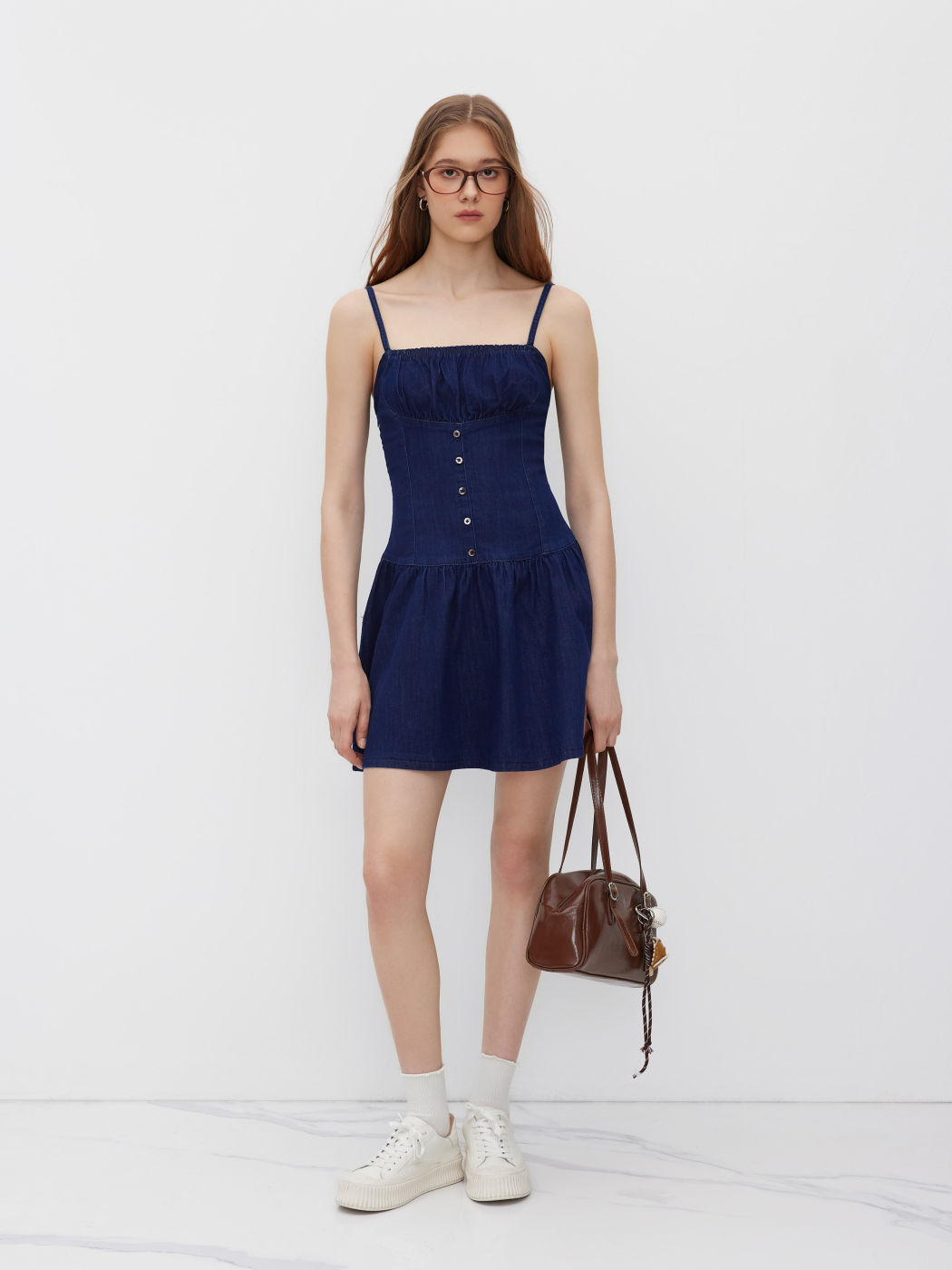 Denim Button Ruffle Mini Dress