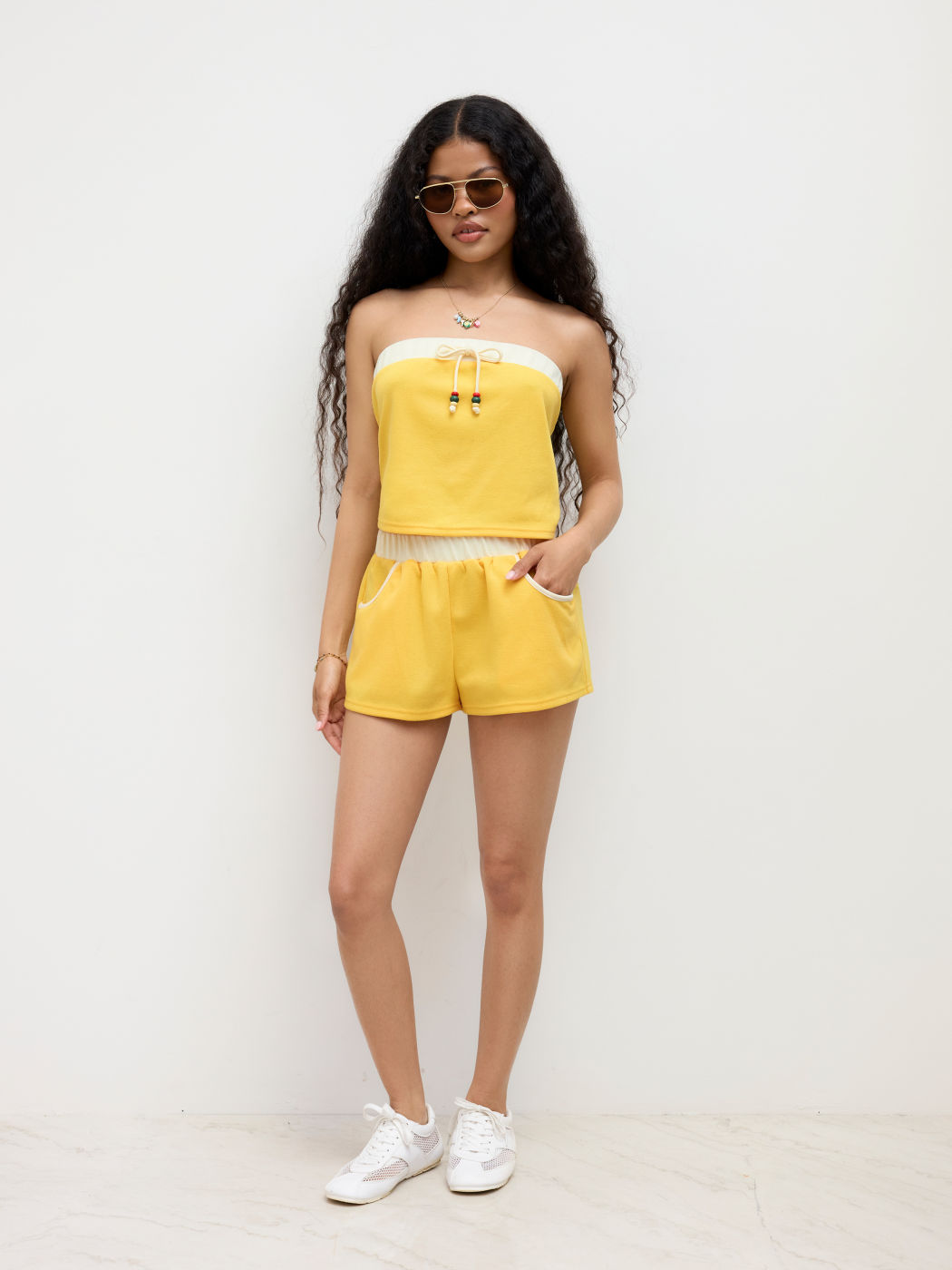 Cotton-blend Mid Rise Elastic Waist Two Tone Micro Shorts