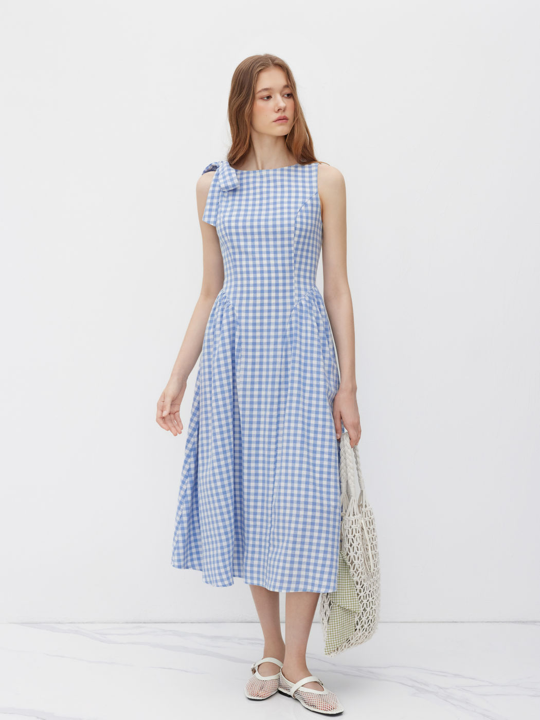 Cotton Boat Neck Gingham Bowknot Midi Dress