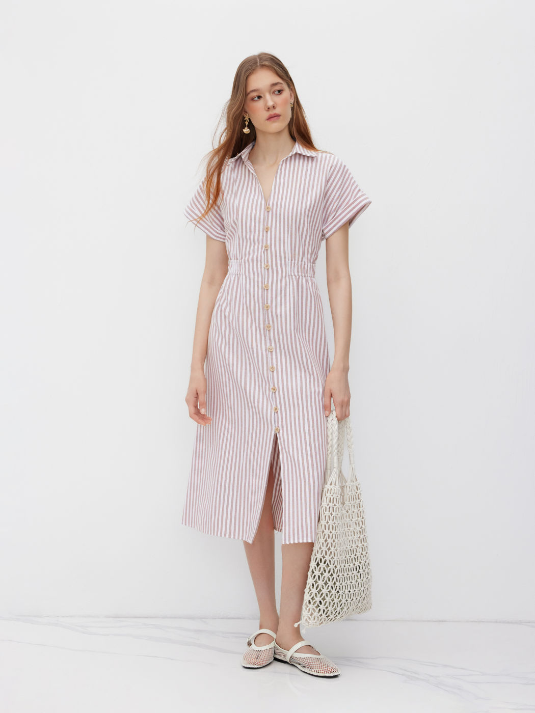 Cotton-blend V-neck Stripe Button Through Elastic Waist Shirt Midi Dress