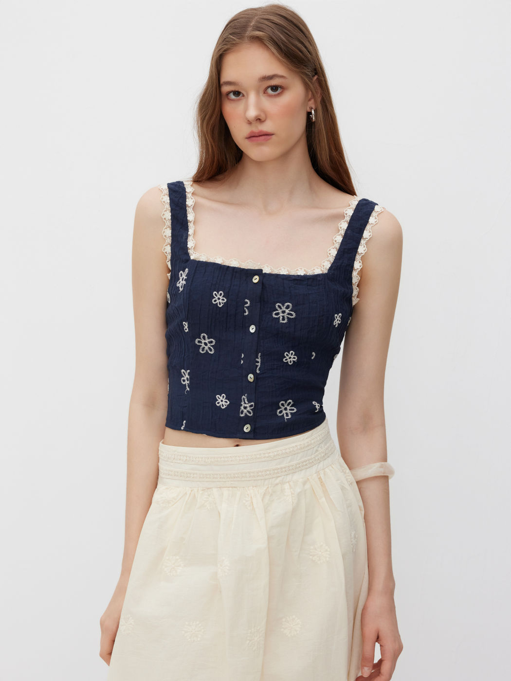 Lace Trim Square Neck Floral Cami Top