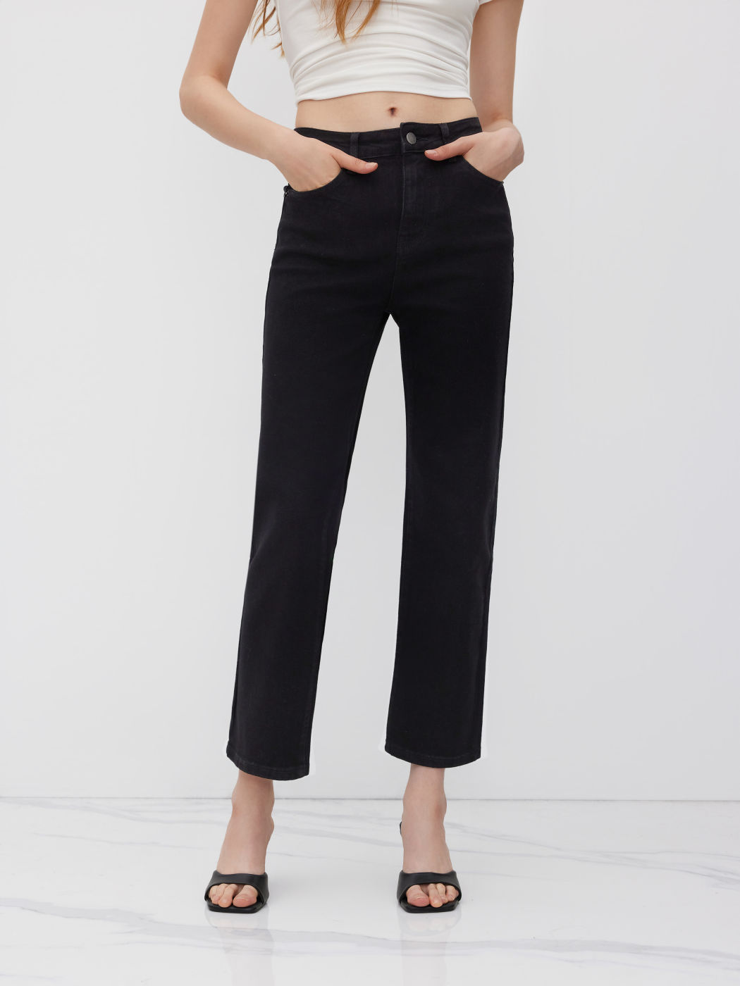 High Stretch Denim High Waist Pocket Cropped Straight Leg Jeans