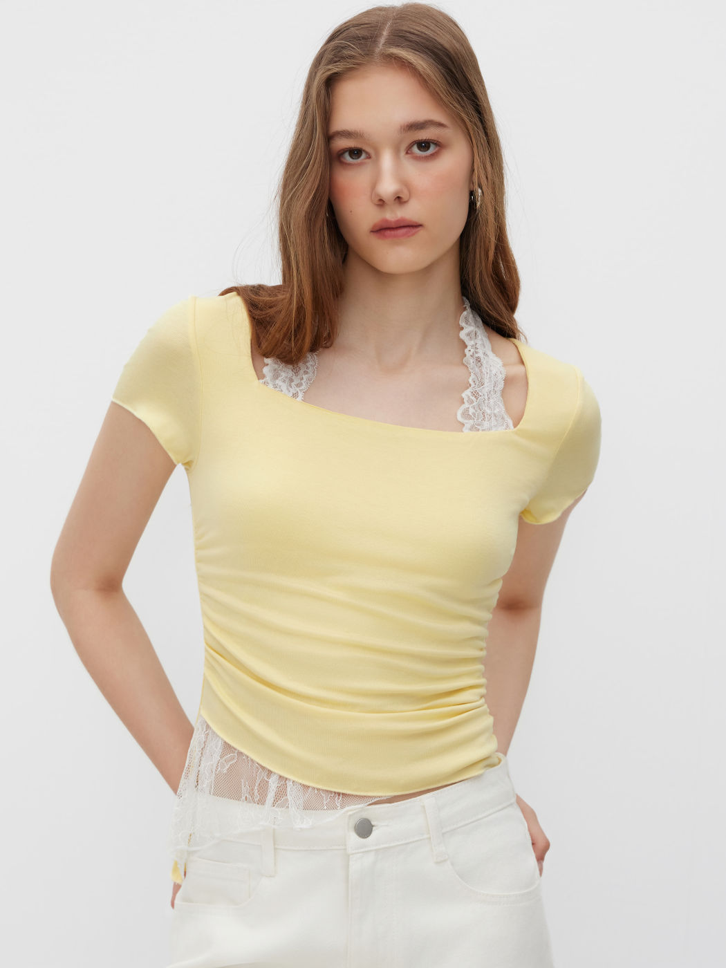 Halter Neckline Contrasting Lace Ruched Knotted Asymmetrical Top