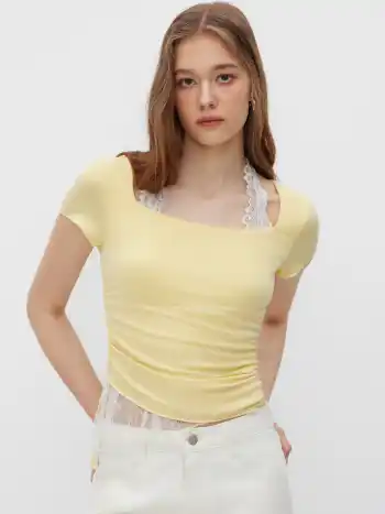 Halter Neckline Contrasting Lace Ruched Knotted Asymmetrical Top