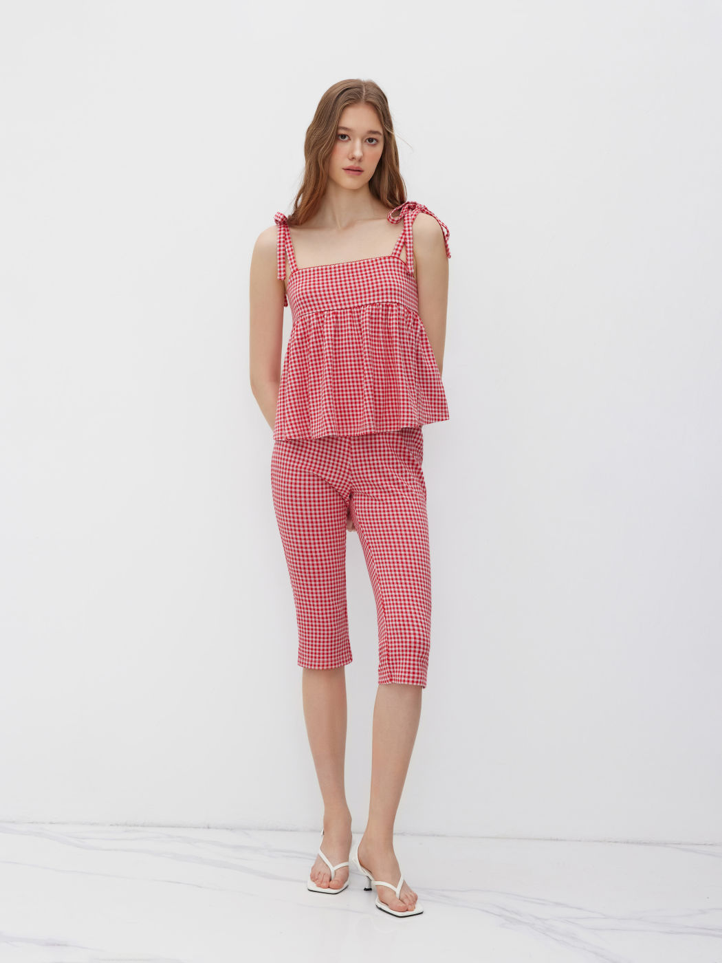 Gingham Ruffle Hem Knotted Cami Top With Low Rise Split Legging Capri Trousers Set