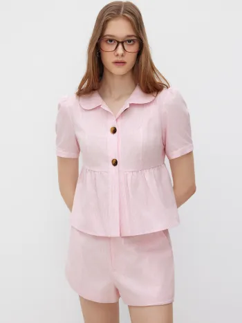 Cotton-blend Peter Pan Collar Puff Sleeve Stripe Top & Low Rise Shorts Set