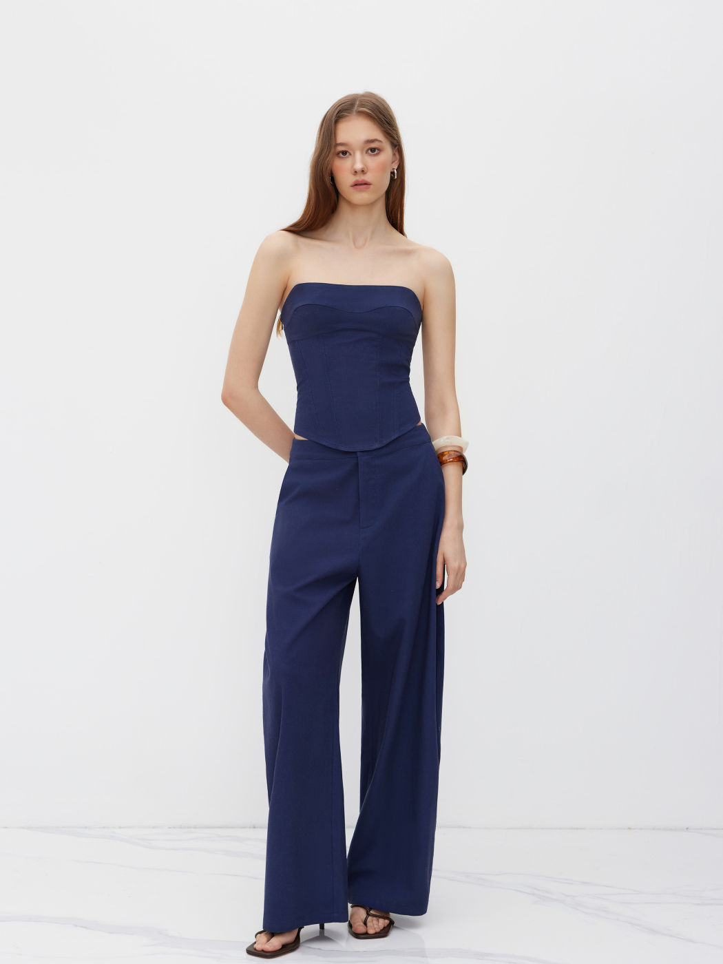 Linen-blend Lace Up Bandeau Top & Mid Rise Barrel-leg Trousers Set