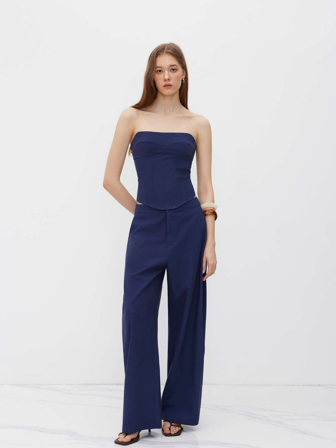 Linen-blend Lace Up Bandeau Top & Mid Rise Barrel-leg Trousers Set