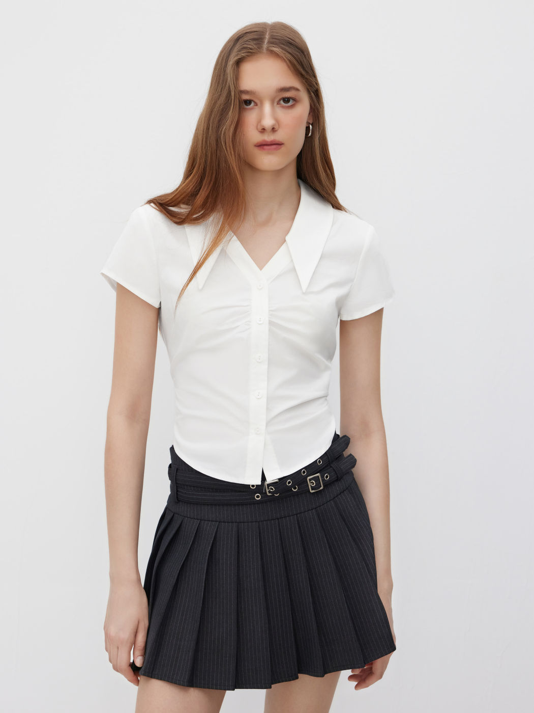 100% Cotton Polo V-neck Ruched Short Sleeve Shirt