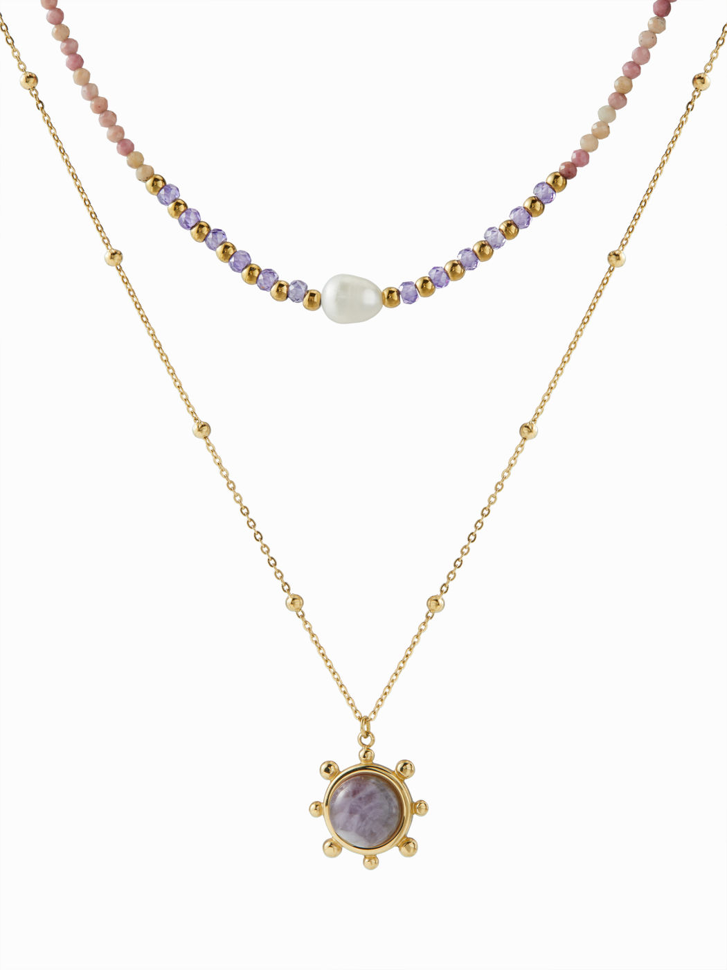 2PCS AMETHYST CRYSTAL DECOR SUN & FAUX PEARL BEADED NECKLACE SET