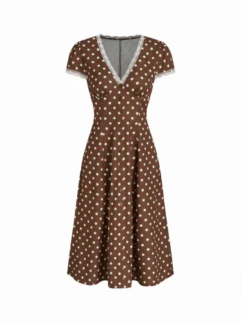 V-Ausschnitt Mit Polkadots Und Spitze Verzierter Midikleid