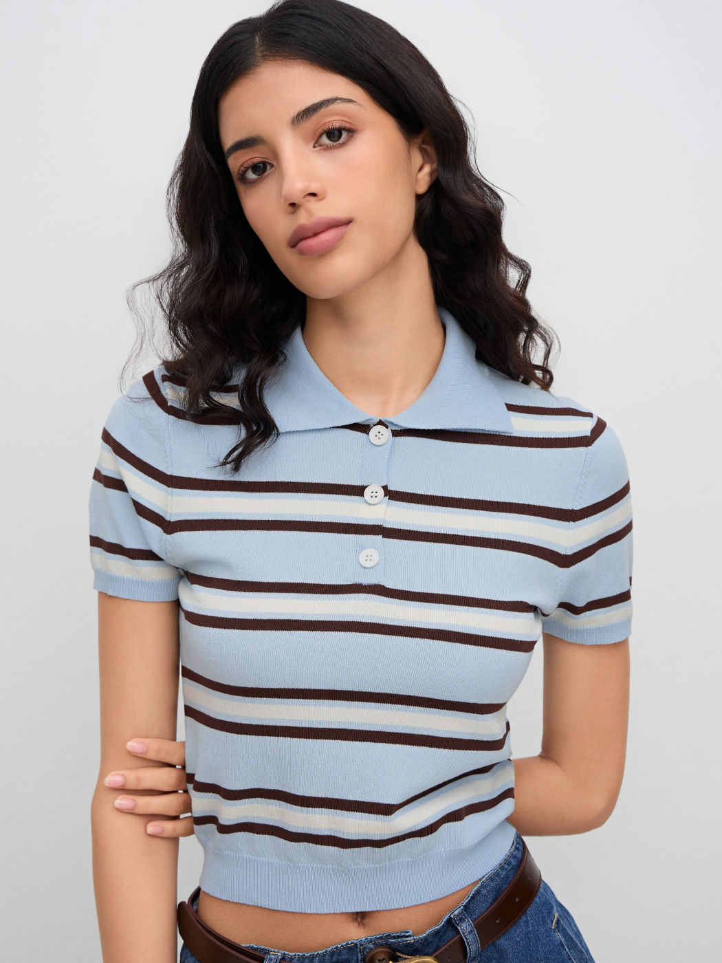 Knit Polo Collar Stripe Short Sleeve Top