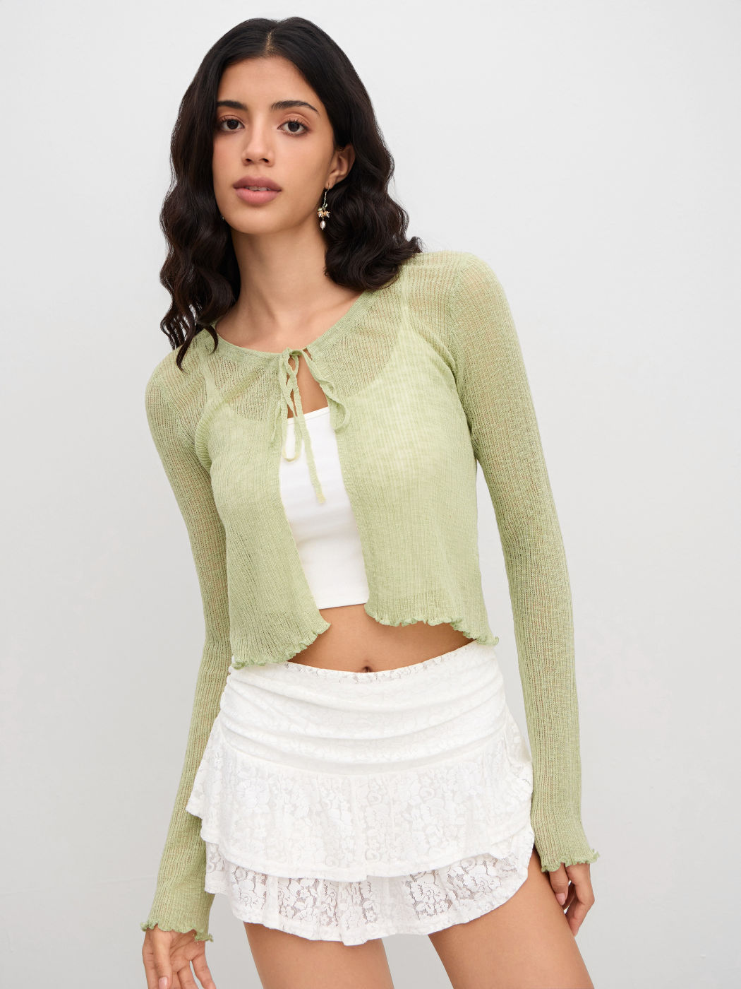knit Lettuce Trim Tie Front Cardigan