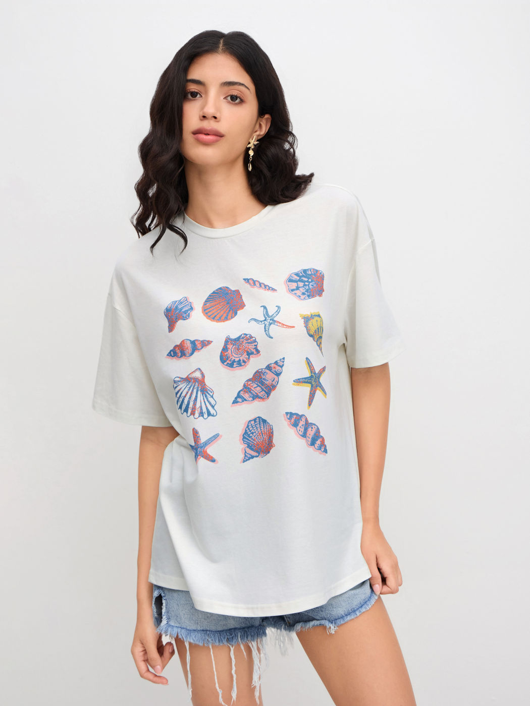 Cotton-blend Shell Graphic Oversized Tee