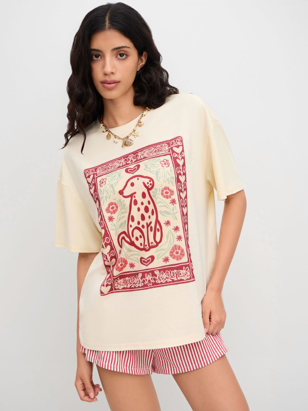 Cotton-blend Floral Dog Graphic Oversized Tee