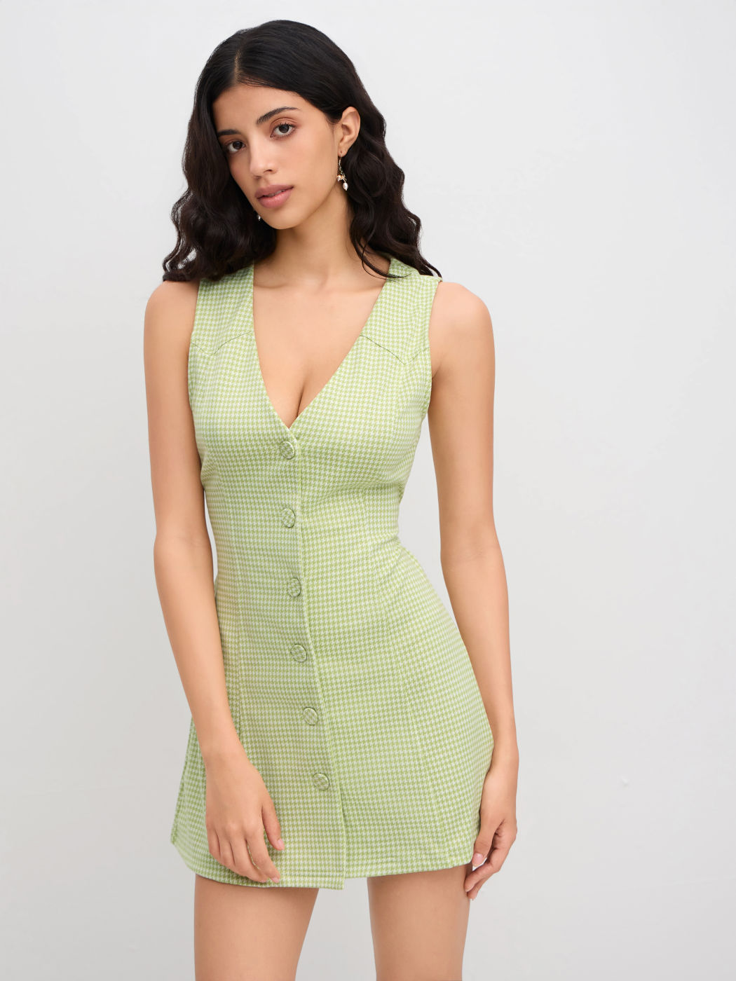 Jacquard V-neck Houndstooth Bowknot Mini Dress