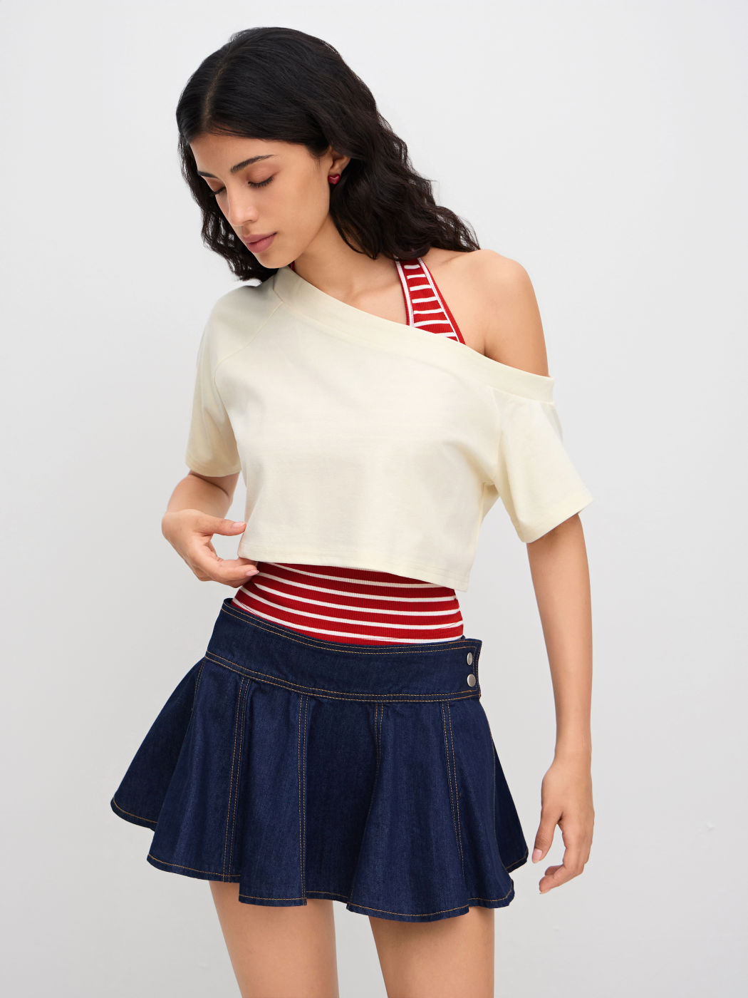 Cotton-blend Asymmetrical Neck Tee With Halter Neckline Stripe Top
