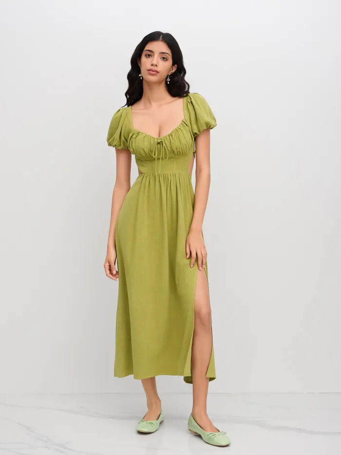 Linen-blend Sweetheart Lace Up Backless Puff Sleeve Midi Dress