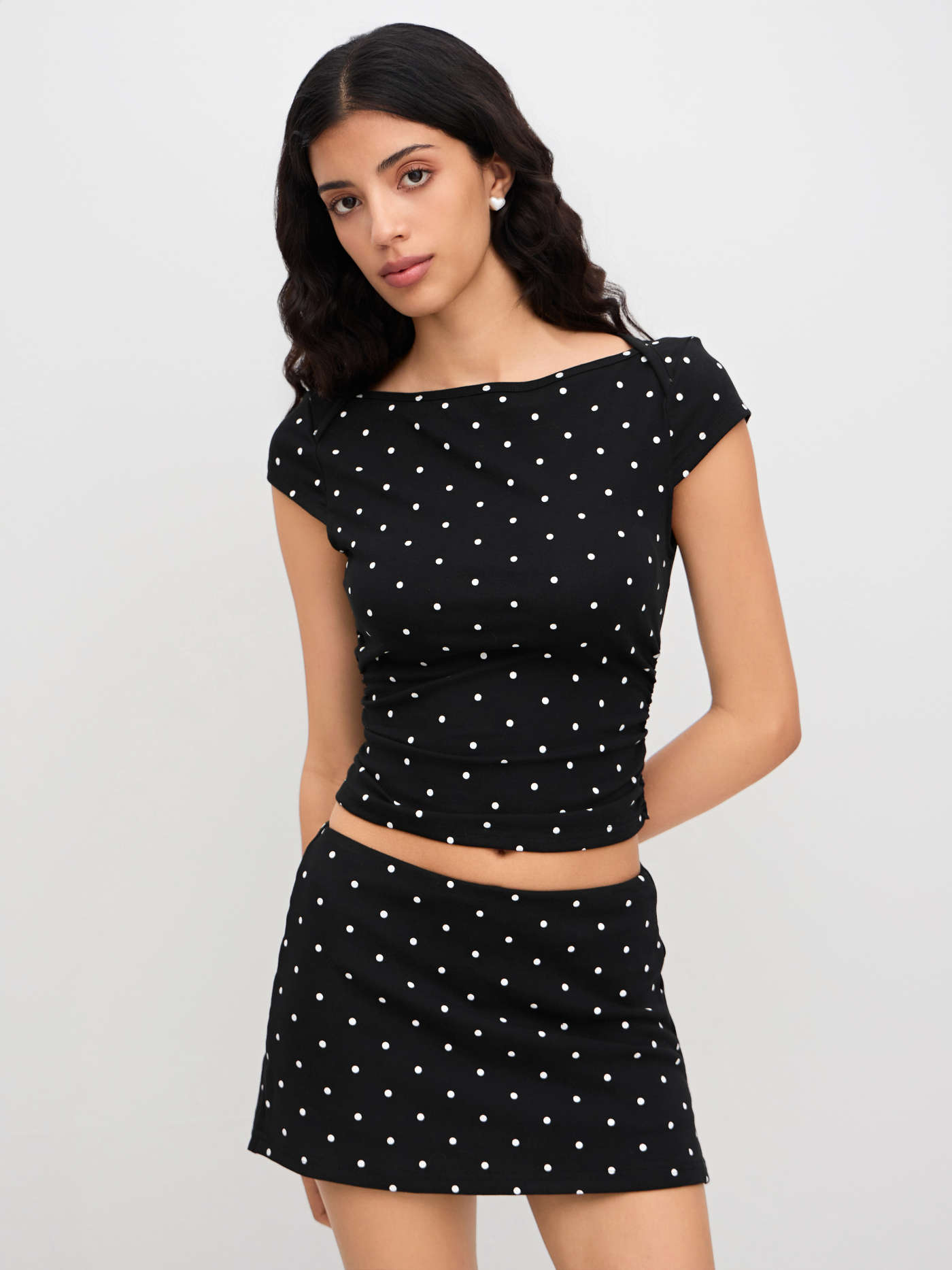 Cotton-blend Boat Neck Polka Dot Ruched Tee & Mini Skort