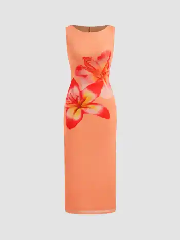 Tropisches Florales Maxikleid mit Maschenstoff, Bootshals und Schlitz