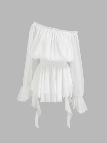 Off-shoulder Laternenärmel Asymmetrisches Rüschenkleid Mini
