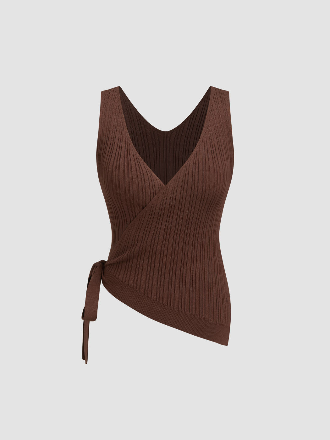 Knitted V-neck Rib Asymmetrical Hem Knotted Top