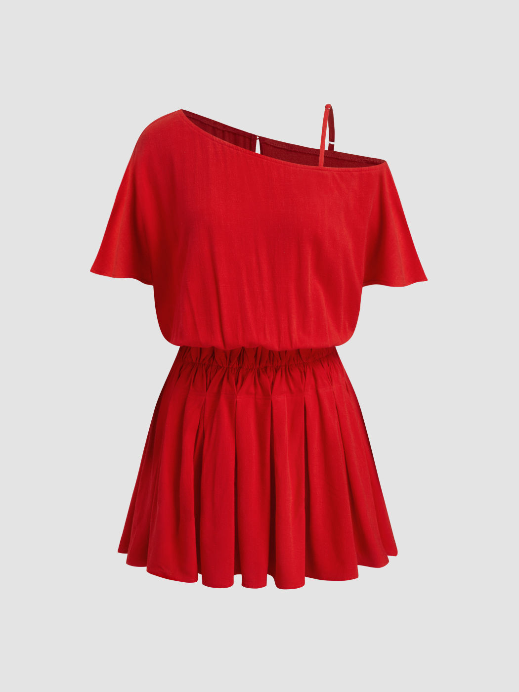 Linen-blend Asymmetrical Neck Shirred Mini Dress