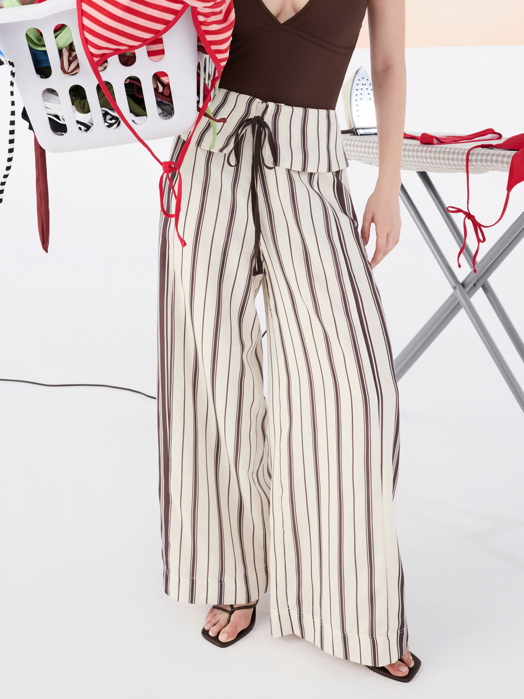 Mid Rise Fold Over Stripe Knotted Wide Leg Trousers